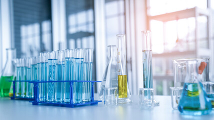 Laboratory research, test tubes with lab glassware, science laboratory research and development concept