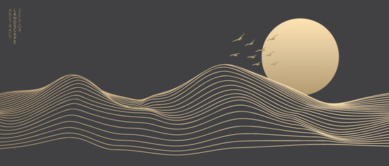 Vector abstract art landscape mountain with birds and sunrise sunset by golden line art texture isolated on dark grey black background. Minimal luxury style for wallpaper, wall art decoration.