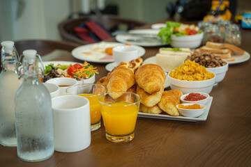 Breakfast Set,toast, bacon, sausages, salad and coffee,Home breakfast set concept.