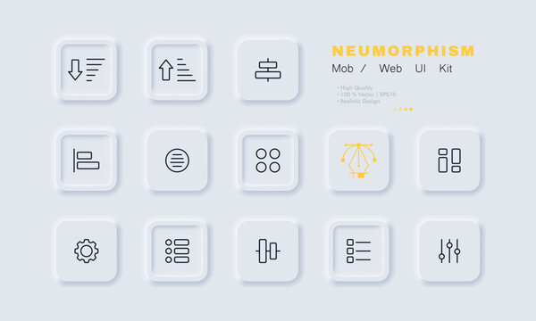 Apps menu set icon. Applications, arrows, order, alignment, bar, navigation, circle, square, pictogram, list, control, view, settings. Technology concept. Neomorphism. Vector line icon for Business