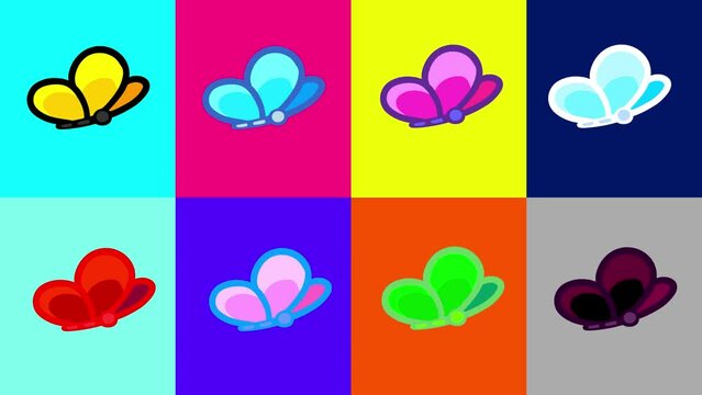 Butterflies 8 cartoon different color animation character seamless loop isolated. Color backgrounds. Good for any background. Alpha channel included.