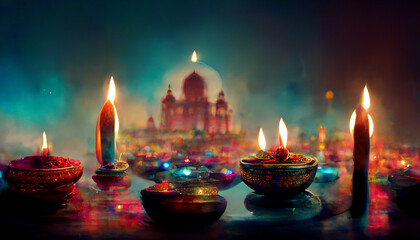 Diwali festival with colorful candles light and bokeh background.