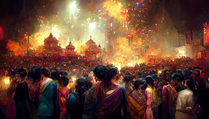 Crowd of people in Diwali festival with colorful fireworks background