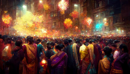 Crowd of people in Diwali festival with colorful fireworks background