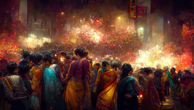 Crowd of people in Diwali festival with colorful fireworks background