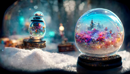 Snow globe glass decoration crystal ball. 3D illustration rendering