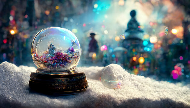 Snow globe glass decoration crystal ball. 3D illustration rendering