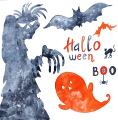 watercolor Halloween. Hand-drawn silhouettes of zombies, bats, spider, ghosts, black cat. Halloween and Boo lettering on white background