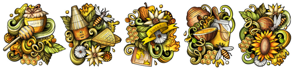Honey cartoon vector doodle designs set