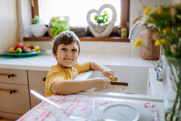 Little boy washing the dishes in sink in kitchen with wooden scrub, sustainable lifestlye. Looking...