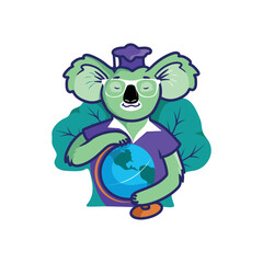Cartoon koala holding a globe as a symbol of a smart and curious person