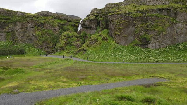 Drone view at Gljufrabui waterfall on Iceland