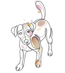 Adorable and playful Jack Russel Terrier vector line art illustration isolated, cute dog pet best friend linear drawing.