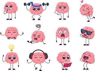Funny clever brain. Concentration focus and intellectual health. Cartoon brains over-thinking and do exercise, surprised and think garish vector characters