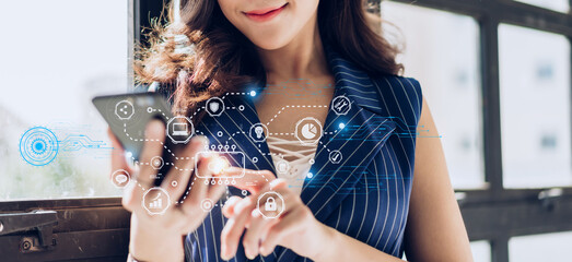 Success asian woman use smartphone with digital technology link internet connection network icon futuristic virtual cloud connect internet online.Business world success and technology