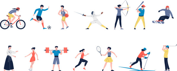 Fototapeta na wymiar Sport workout characters. Isolated bicycle rider, runner and gymnastic people. Sporting women and men doing exercise. Athletic cardio training recent vector set