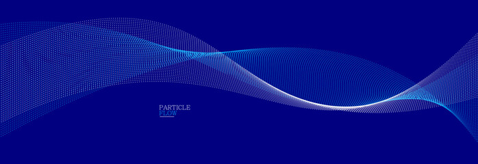 Dark blue abstract background, vector wave of flowing particles, curvy lines of dots in motion, technology and science theme, airy and ease futuristic illustration.