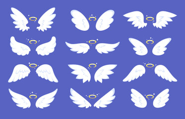 Cartoon angel wings. Drawing wing with halo, cute shining winged collection. Angels or birds, holy flying elements. Racy abstract nimbus vector set