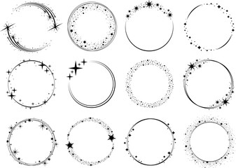 Stars round frames, circle holiday wreath. Black shiny sparkles rings, starry logo set. Christmas, new year, birthday or wedding decor. Racy magic vector elements © LadadikArt
