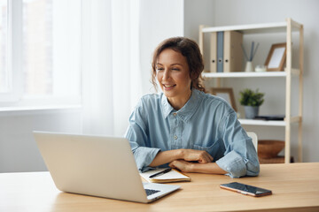 Remote Job Distance communication concept. Smiling cheerful happy cute awesome curly businesswoman...