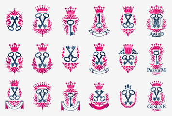 Turnkeys secrets emblems vector emblems big set, keys heraldic design elements collection, classic style heraldry symbols, antique designs.