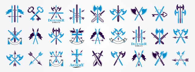 Weapon emblems vector emblems big set, heraldic design elements collection, classic style heraldry armory symbols, antique knives armory arsenal compositions.