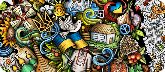 Ukraine doodle banner. Cartoon vector flyer.