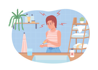 Woman taking pills against headache 2D vector isolated illustration. Drugs to treat migraine flat character on cartoon background. Domestic colourful editable scene for mobile, website, presentation