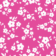 Fototapeta na wymiar Simple vintage pattern. white flowers and leaves. pink background. Fashionable print for textiles and wallpaper.