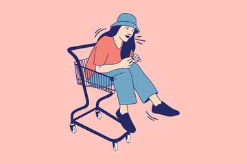 Fototapeta na wymiar Illustrations of Beautiful Young women sitting in shopping cart trolley