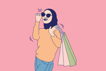 Illustrations of Beautiful muslim women with eyeglasses holding shopping bags