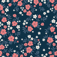 Simple vintage pattern. white and pink flowers,  blue leaves.  dark blue background. Fashionable print for textiles and wallpaper.