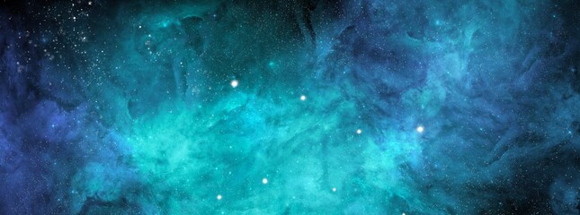 Fototapeta na wymiar Nebula and stars in night sky web banner. Space background with realistic nebula and shining stars. Abstract scientific background with nebulae and stars in space. Multicolor outer space.