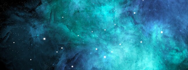 Naklejka na ściany i meble Nebula and stars in night sky web banner. Space background with realistic nebula and shining stars. Abstract scientific background with nebulae and stars in space. Multicolor outer space.
