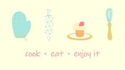 Cooking mood desktop background. Funny bright bakery illustration, Enjoy cooking and eating.
