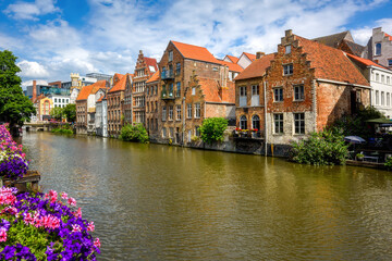 Historic houses on Leie river quay in Ghent city, Belgium