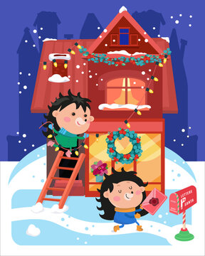 Cute hedgehogs prepare for Christmas, decorate house, send letter to Santa Claus. Single composition, winter scene in cartoon style. Vector illustration.