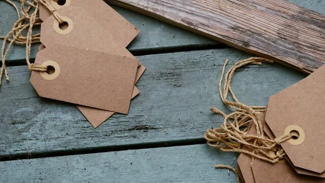 Address label tags on wooden background