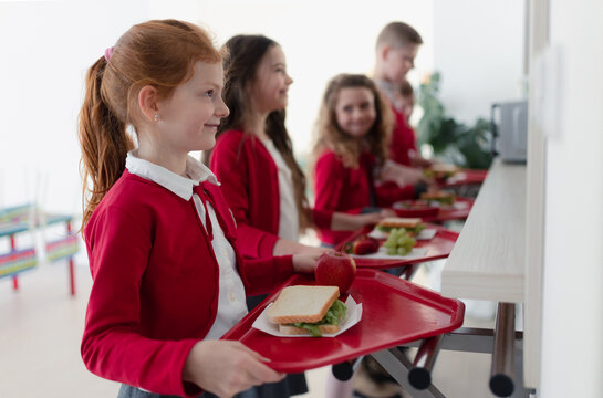Happy schoolchildren standing in queue with trays and receiving lunch in school canteen.