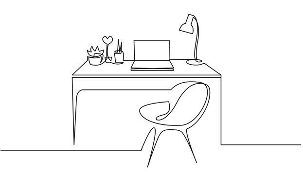 Cozy workplace for creative work continuous one line drawing. Modern interior for home office with notebook and houseplants, remote work, freelancing, education.