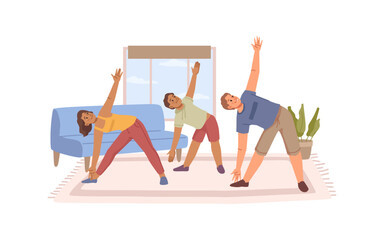 Fototapeta na wymiar Mother, father and son stretching at home. Family doing gymnastics togethe. Vector kid and parent exercising in house, fitness training activity