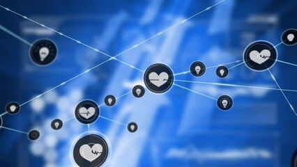 Animation of pulse trace in heart shape and lightbulb signs connecting through digital lines - Powered by Adobe