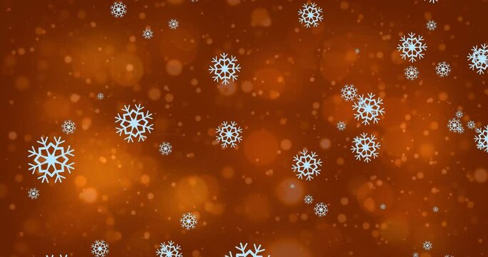 Animation of digital snowflakes diagonally falling over brown bokeh background
