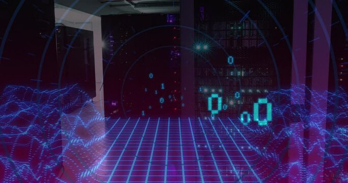 Animation of binary code over digital space and servers