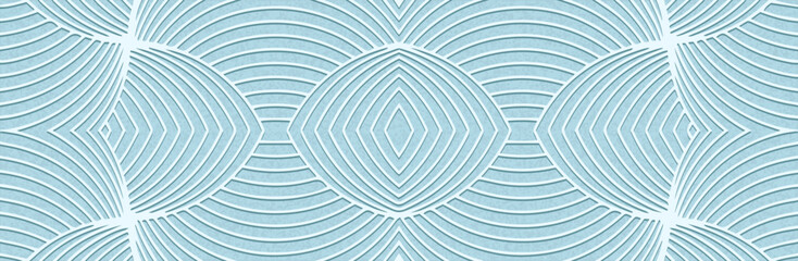 Banner, cover design. Embossed ethnic elegant 3D pattern of stripes and lines on a light blue background, art deco style. Tribal geometric ideas for websites, presentations. 
