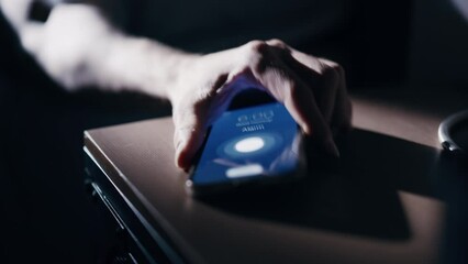 Person Wakes Up and Turns off Alarm Clock on Smartphone. Productive Person Ready Start a Day with Business Opportunities. Close-up Focus on Mobile Phone Clock Showing Six A.M. bedroom Apartment - Powered by Adobe