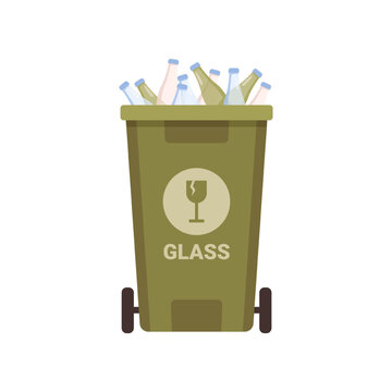 Green container for sorting glass garbage isolated waste bin for recycling wastes. Vector flat cartoon illustration of bucket on wheels for glass bottles and drinks