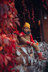Fototapeta na wymiar Happy little girl sitting at pile of wood with flower, surrouded by red leaves, during beautiful autumn day.
