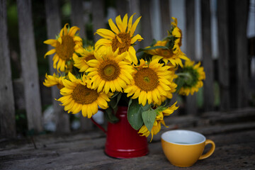 sunflowers in a red teapot