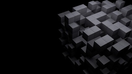 3d black abstract technology cube on empty dark background. Digital block, building, science, structure concept.